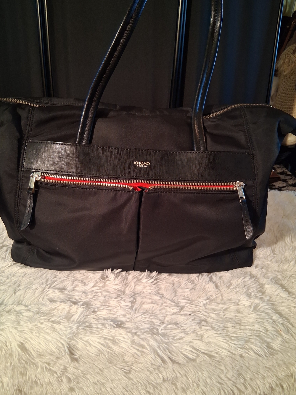 KNOMO Black Nylon Duffel with Red Zip Accent